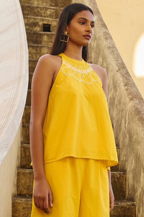 Okhai Sanctum Hand Embroidered Mirror and Beadwork Pure Cotton Haltered-neck Top - Image 2