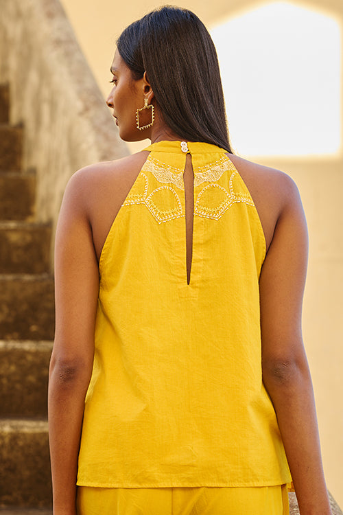 Okhai Sanctum Hand Embroidered Mirror and Beadwork Pure Cotton Haltered-neck Top - Image 3