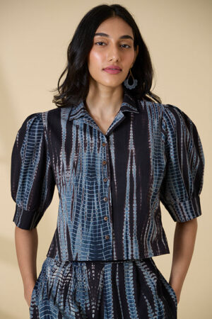 Okhai Amalfi Tie-and-Dye Pure Cotton Black Collared Top