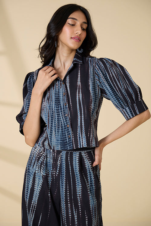 Okhai Amalfi Tie-and-Dye Pure Cotton Black Collared Top - Image 5