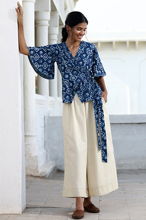 Okhai Starry Eyes Hand-Embroidered Pure Cotton Indigo Wrap Top - Image 3