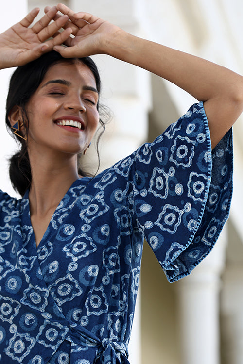 Okhai Starry Eyes Hand-Embroidered Pure Cotton Indigo Wrap Top