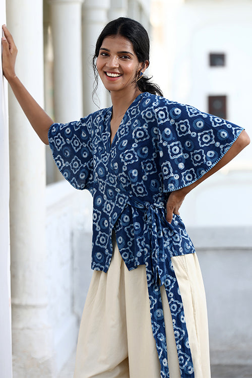 Okhai Starry Eyes Hand-Embroidered Pure Cotton Indigo Wrap Top - Image 4