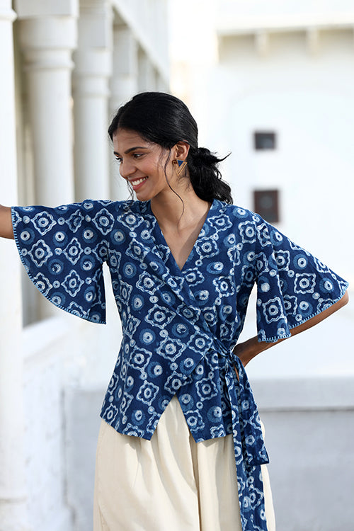 Okhai Starry Eyes Hand-Embroidered Pure Cotton Indigo Wrap Top - Image 2