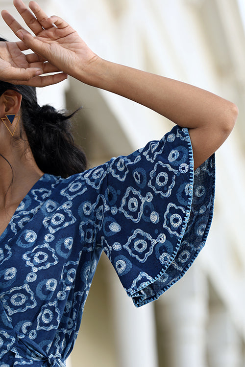Okhai Starry Eyes Hand-Embroidered Pure Cotton Indigo Wrap Top - Image 6