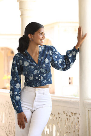 Okhai Velvet Blue Handblock Printed Pure Cotton Indigo Top