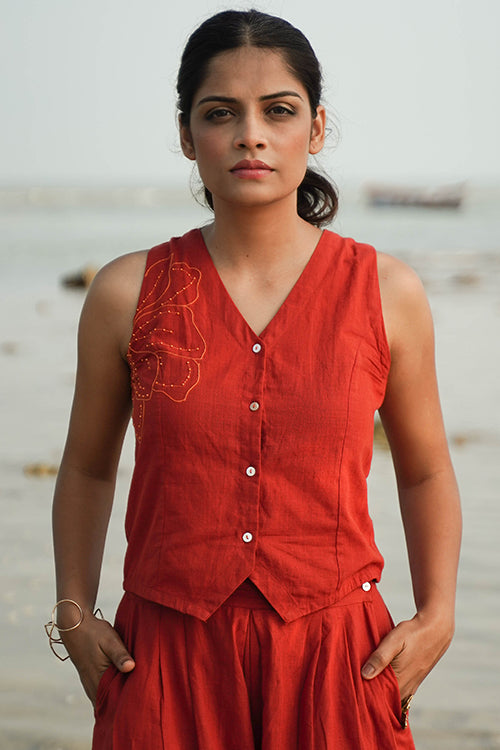 Okhai Harvest Glow Hand-Embroidered and Mirror work Pure Cotton Sleeveless Top