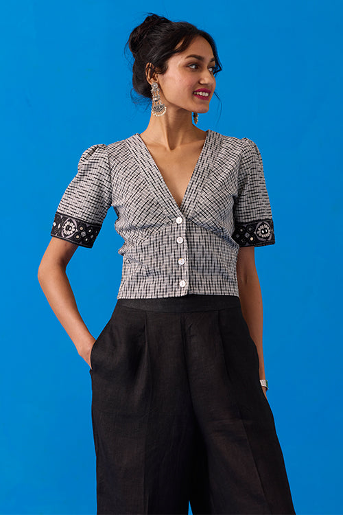 Okhai Pasapali Hand-Embroidery and Mirror Work Ikkat Pure Cotton Top - Image 3