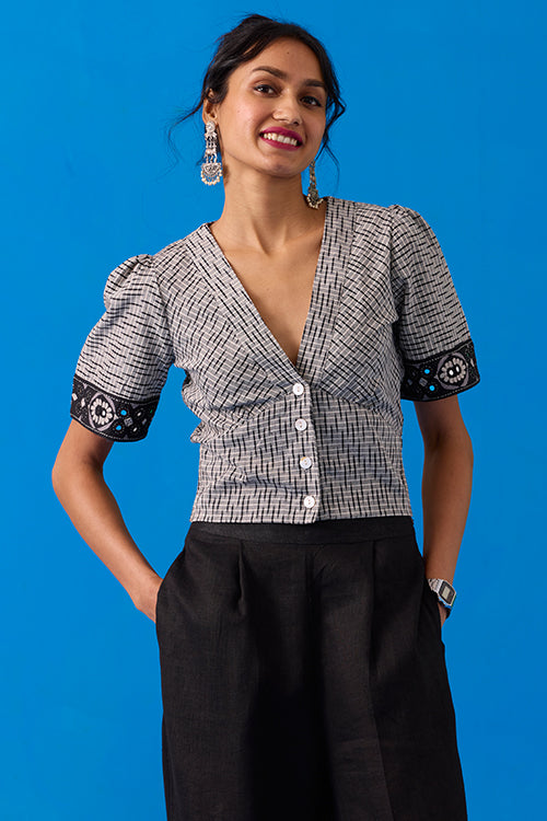 Okhai Pasapali Hand-Embroidery and Mirror Work Ikkat Pure Cotton Top - Image 4