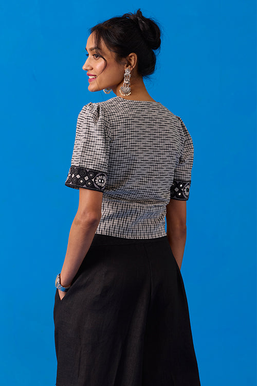 Okhai Pasapali Hand-Embroidery and Mirror Work Ikkat Pure Cotton Top - Image 5