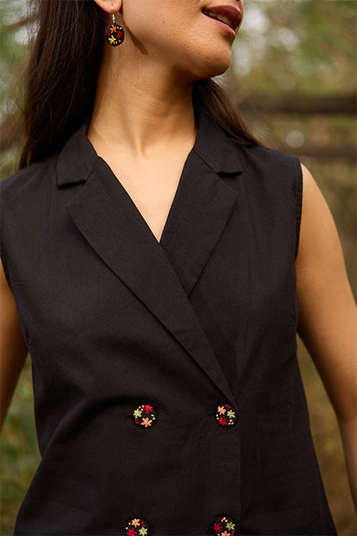 Okhai Nightshade Hand-Embroidered Black Pure Cotton Top - Image 2