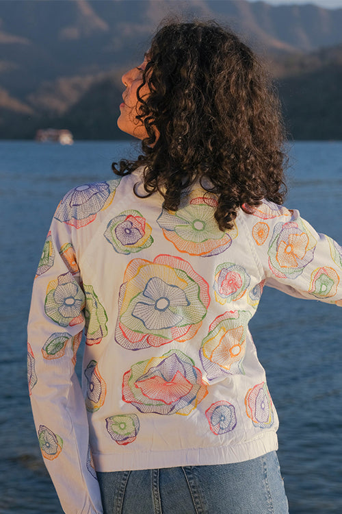 Okhai 'Holi' Pure Cotton Hand Embroidered Bomber Jacket - Image 4