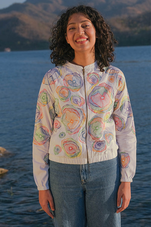 Okhai 'Holi' Pure Cotton Hand Embroidered Bomber Jacket - Image 7