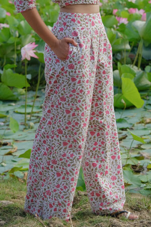 Okhai Zinnia Zest Hand Embroidered Handblock Printed Pure Cotton Pants