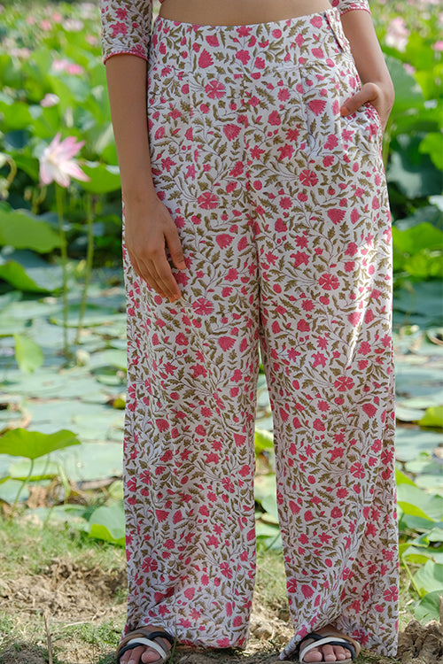 Okhai Zinnia Zest Hand Embroidered Handblock Printed Pure Cotton Pants - Image 3