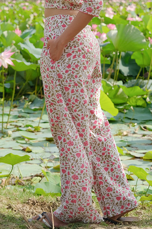 Okhai Zinnia Zest Hand Embroidered Handblock Printed Pure Cotton Pants - Image 4
