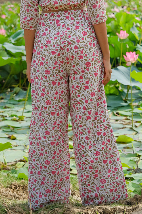 Okhai Zinnia Zest Hand Embroidered Handblock Printed Pure Cotton Pants - Image 5