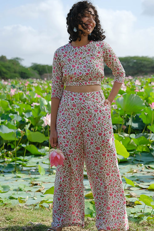 Okhai Zinnia Zest Hand Embroidered Handblock Printed Pure Cotton Pants - Image 2