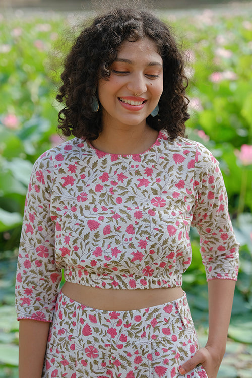 Okhai Azalea Hand Embroidered Handblock Printed Pure Cotton Crop Top
