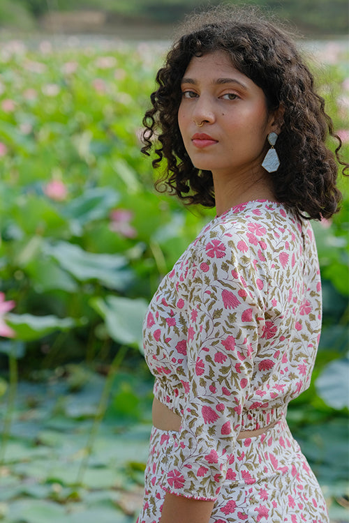 Okhai Azalea Hand Embroidered Handblock Printed Pure Cotton Crop Top - Image 4