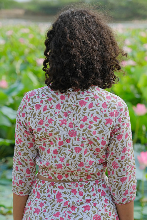 Okhai Azalea Hand Embroidered Handblock Printed Pure Cotton Crop Top - Image 5