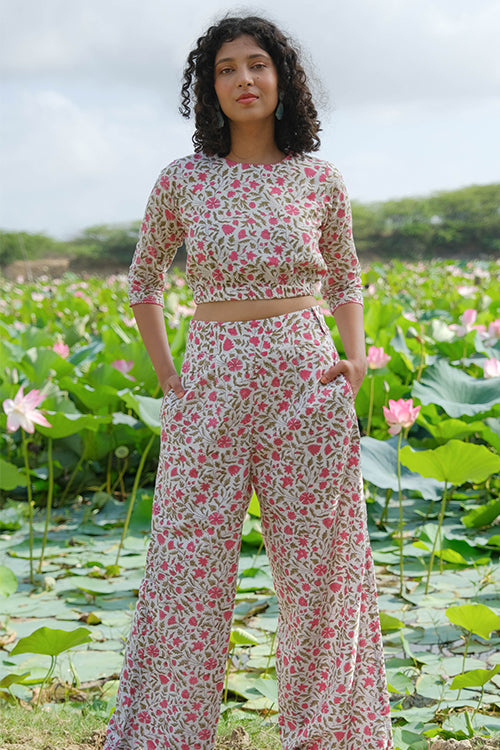 Okhai Azalea Hand Embroidered Handblock Printed Pure Cotton Crop Top - Image 6