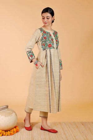 Gubbaro Handpainted Madhubani 'Mayur' Pleated Dress Cotton Kurta