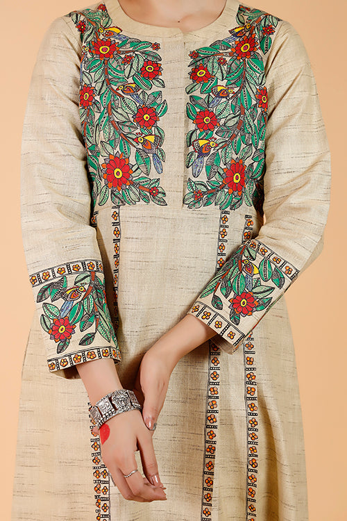 Gubbaro Handpainted Madhubani 'Mayur' Pleated Dress Cotton Kurta - Image 4