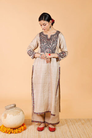 Gubbaro Handpainted Madhubani 'Surmai & The Lotus' Tussar Silk Kurta