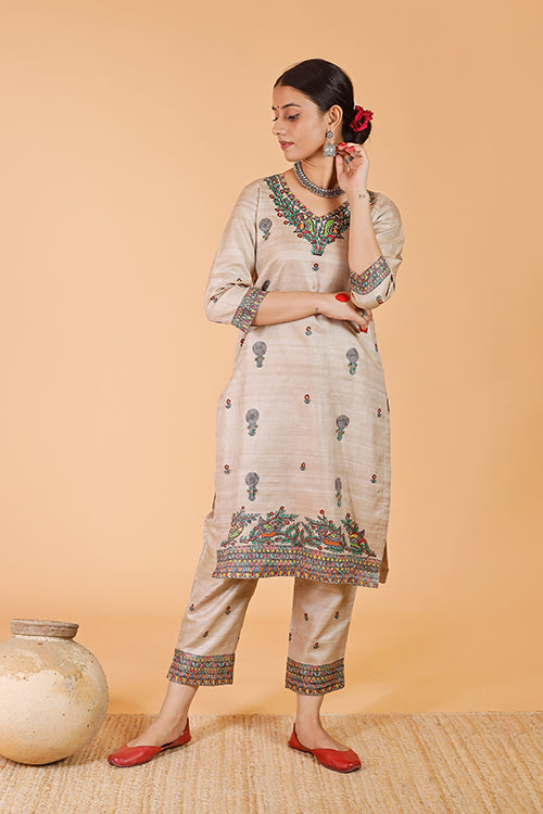 Gubbaro Handpainted Madhubani 'Maithili' Tussar SIlk Kurta - Image 3