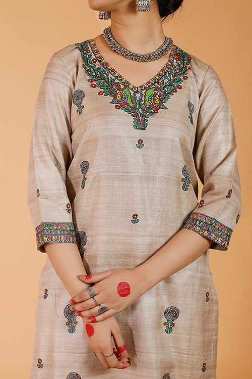 Gubbaro Handpainted Madhubani 'Maithili' Tussar SIlk Kurta - Image 4