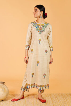 Gubbaro Handpainted Madhubani 'Surmai Kamal' Cotton Kurta