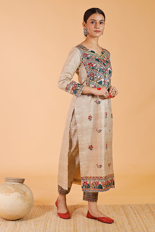 Gubbaro Handpainted Madhubani 'Anuragini' Tussar SIlk Kurta