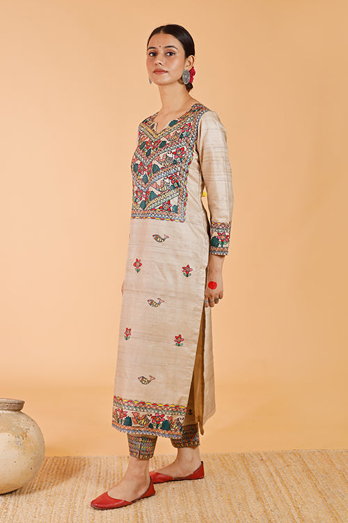 Gubbaro Handpainted Madhubani 'Anuragini' Tussar SIlk Kurta - Image 3