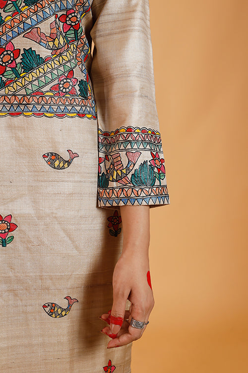 Gubbaro Handpainted Madhubani 'Anuragini' Tussar SIlk Kurta - Image 5